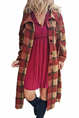 Красное длинное пальто с карманами в шотландскую клетку