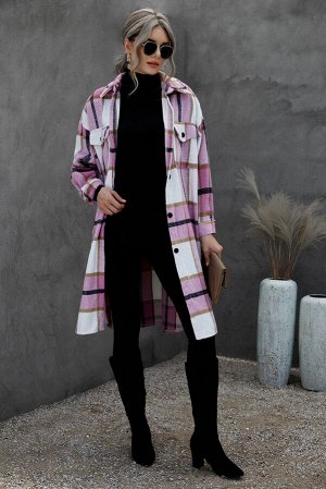 Розово-белое пальто в клетку с отложным воротником и карманами на пуговицах