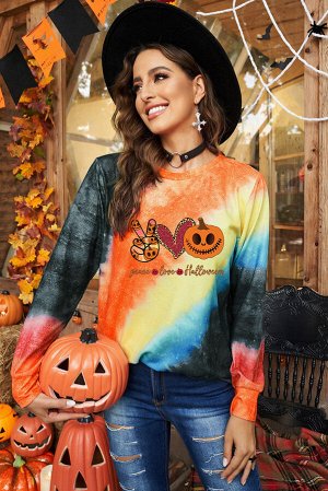 Разноцветный свитшот с ярким красочным принтом и надписью: Peace Love Halloween