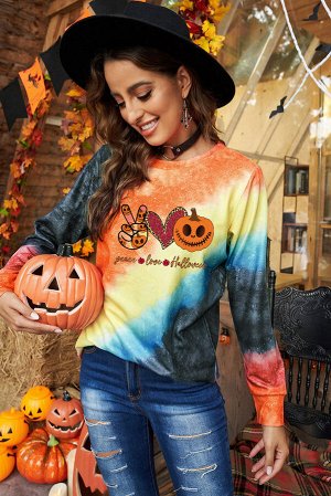 Разноцветный свитшот с ярким красочным принтом и надписью: Peace Love Halloween