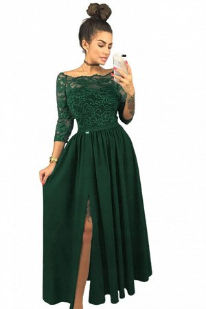 Зеленое винтажное платье с открытыми плечами и кружевными вставками с разрезом на юбке