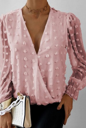 Розовая блуза в горошек с V-образным вырезом с запахом