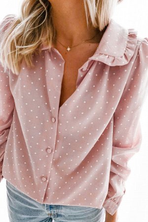 Розовая рубашка в горошек с рюшами на воротнике