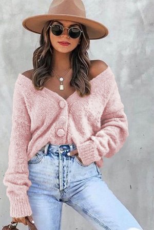 Розовый пушистый свитер-кардиган оверсайз с застежкой на пуговицах