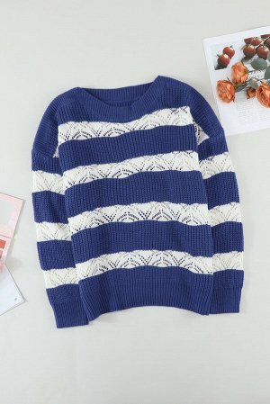 Сине-белый полосатый вязаный свитер с перфорацией