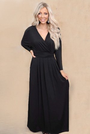 Черное платье макси с карманами и V-образным вырезом с запахом