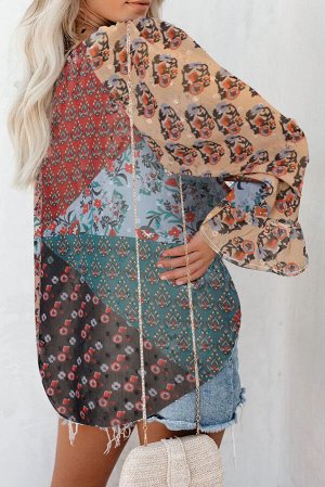 Разноцветная блуза с V-образным вырезом на шнуровке и цветочным принтом