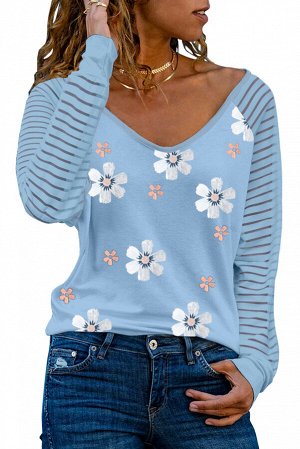 Голубой пуловер с полосатыми рукавами с прозрачными вставками и цветочным принтом