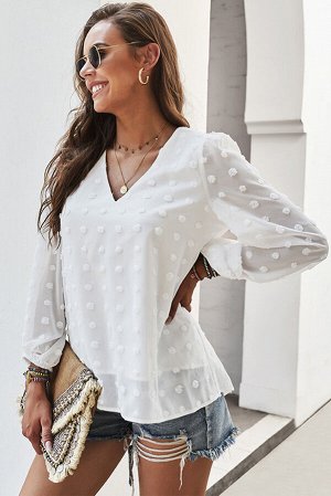 Белая блуза в швейцарский горошек с V-образным вырезом и пышными рукавами