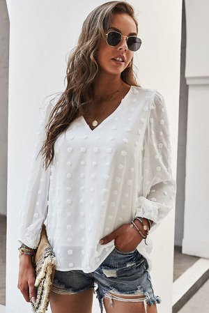 Белая блуза в швейцарский горошек с V-образным вырезом и пышными рукавами