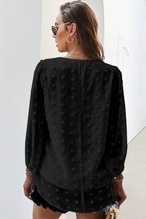 Черная блуза в швейцарский горошек с V-образным вырезом и пышными рукавами