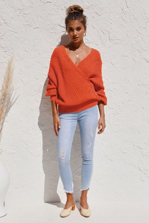 Оранжевый свитер крупной вязки с V-образным вырезом с запахом