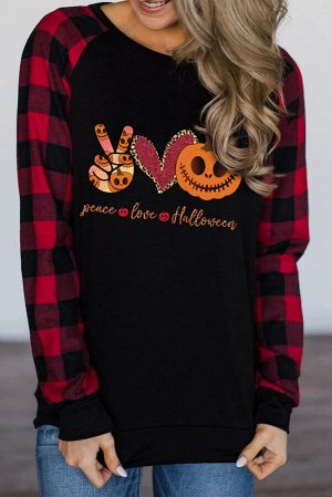Черный пуловер-свитшот с красными клетчатыми рукавами и принтом на Хэллоуин