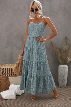Серо-голубое многослойное платье макси с цветочным принтом