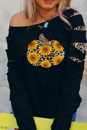 Черный свитшот-пуловер на Хэллоуин с разрезами на рукавах с леопардовым вставками и принтом тыква и подсолнухи