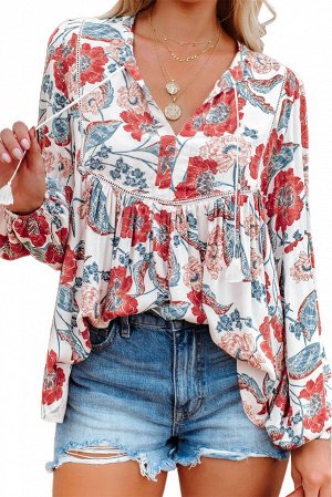 Белая блуза с V-образным вырезом разноцветным цветочным принтом в стиле пэчворк