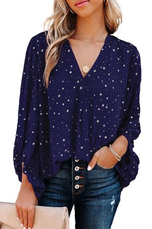 Темно-синяя свободная блуза с широкими рукавами и звездным принтом