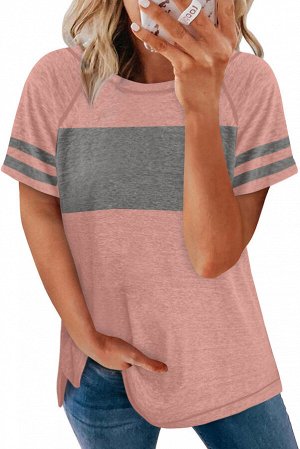 Розово-серая футболка с полосами на рукавах