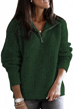 Зеленый свитер крупной вязки с воротником на молнии