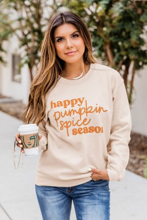 Бежевый свитшот на Хэллоуин с надписью: Happy Pumpkin Spice Season