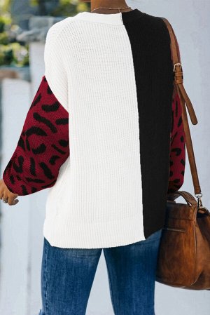 Черное-белый свободный вязаный свитер-пуловер с красными леопардовыми рукавами