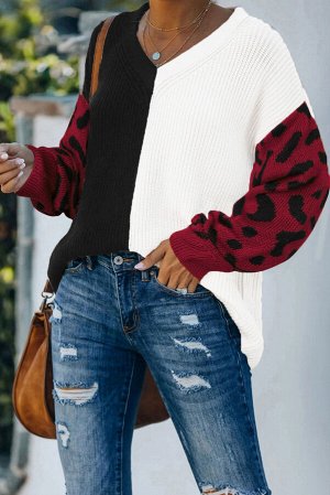 Черное-белый свободный вязаный свитер-пуловер с красными леопардовыми рукавами