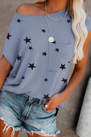 Серо-голубая футболка с укороченными рукавами и звездным принтом
