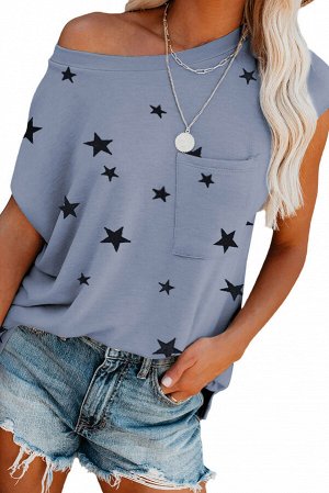 Серо-голубая футболка с укороченными рукавами и звездным принтом