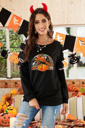 Черный свитшот на Хэллоуин с разрезами на рукавах с леопардовым вставками и принтом тыква