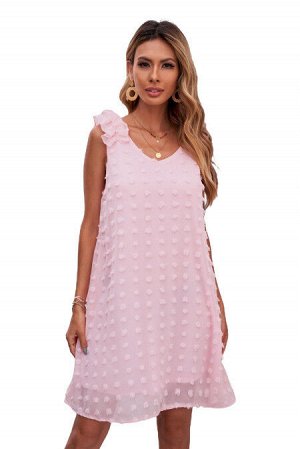 Розовое мини-платье в горошек с V-образным вырезом и оборками
