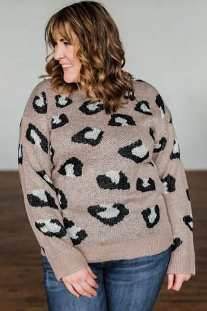Бежевый вязаный свитер плюс сайз с леопардовым принтом
