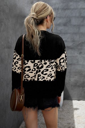 Черный вязаный свитер с леопардовым принтом