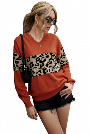 Оранжевый вязаный свитер с леопардовым принтом