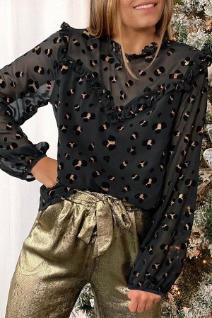 Черная полупрозрачная блуза с леопардовым принтом и рюшами