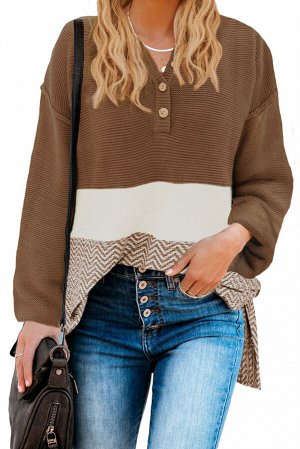 Коричневый вязаный свитер оверсайз с круглым вырезом на пуговицах
