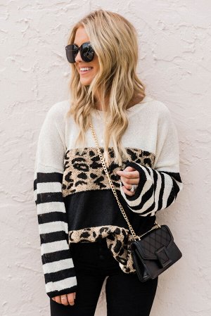 Черно-белый полосатый свитер оверсайз с леопардовым принтом