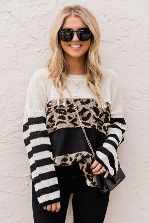 Черно-белый полосатый свитер оверсайз с леопардовым принтом