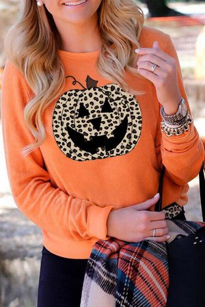 Оранжевый свитшот на Хэллоуин с леопардовым принтом тыква