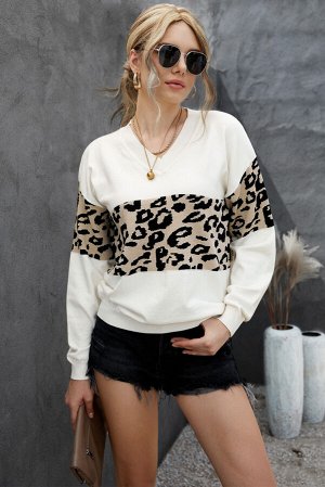 Белый вязаный свитер с леопардовым принтом
