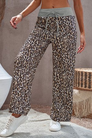 Леопардовые штаны-клеш с эластичной талией на шнуровке