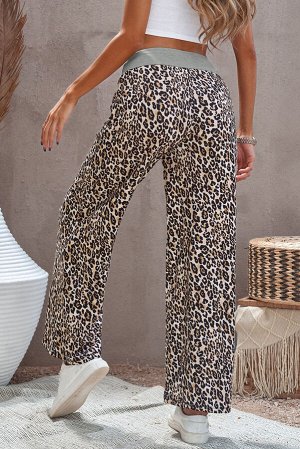 Леопардовые штаны-клеш с эластичной талией на шнуровке