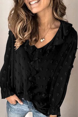 Черная блуза в горошек с V-образным вырезом и рюшами