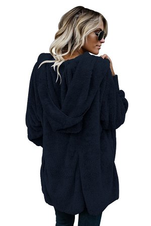 Темно-синяя флисовая куртка-худи в стиле оверсайз без застежки и с карманами