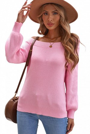 Розовый свитер в рубчик с открытыми плечами