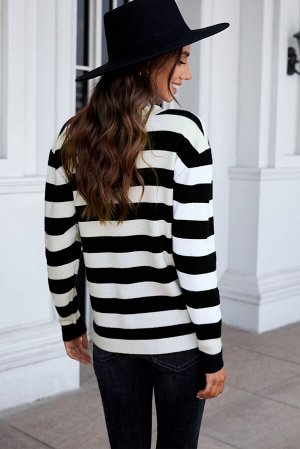 Черно-белый полосатый вязаный пуловер-свитер с V-образным вырезом с кружевной отделкой