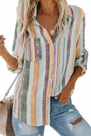 Разноцветная в полоску блуза-рубашка с нагрудным карманом и хлястиками на рукавах