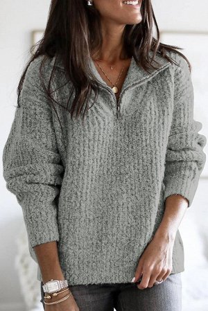Серый свитер крупной вязки с воротником на молнии