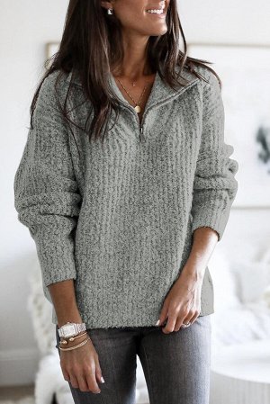 Серый свитер крупной вязки с воротником на молнии