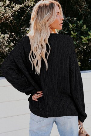 Черный свободный вязаный свитер с вырезом на пуговицах