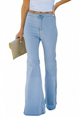 Голубые однотонные джинсы-клеш с высокой талией и карманами